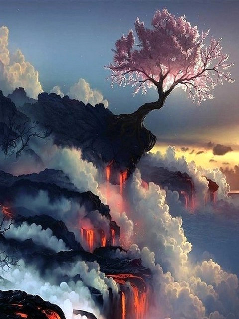 Цветущая сакура на краю вулкана