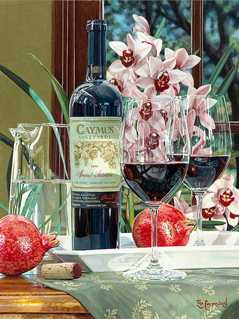 Натюрморт вино, орхидея и гранаты