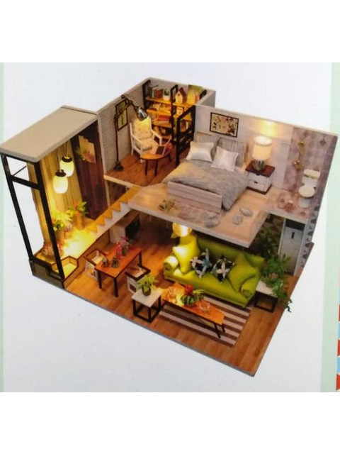 Мини-интерьерная модель Двухэтажный коттедж с зеленым диваном